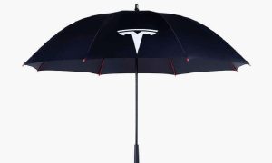 automobila crni kisobran sa bijelim tesla znakom