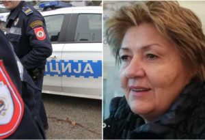 Kraljica džeparoša u BiH Sabaheta Džindo desno na slici kratka kosa svijetlosmeđe boje smije se jakna marama lijevo policija auto i policajac natpis policija na ćirilici